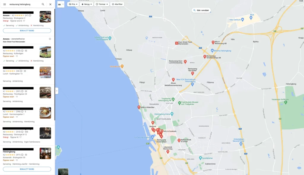 Google Maps restauranger på dator