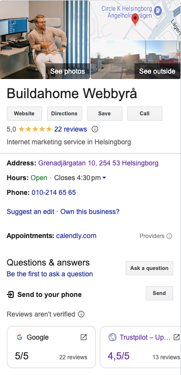 Buildahomes Google Business Profile på dator i SERPen